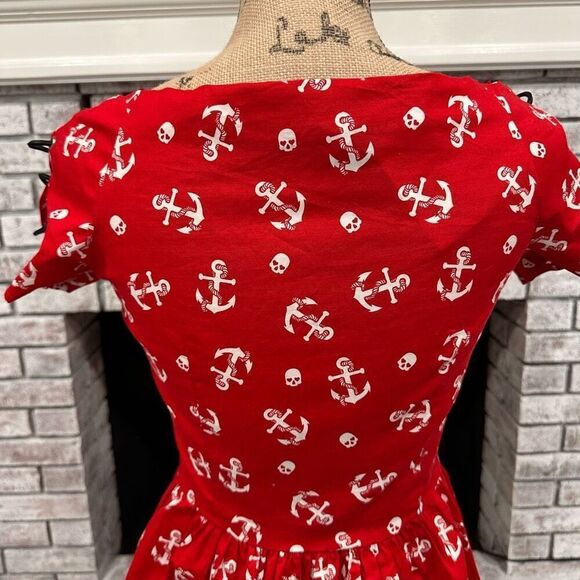 NWT Hot Topic Red Sailor Mini Dress Anchors & Skulls Medium Off Shoulder Lace Up - Picture 10 of 15
